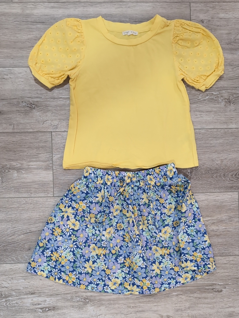 Copper Key Yellow Puff Sleeve Top with Blue Floral Skirt